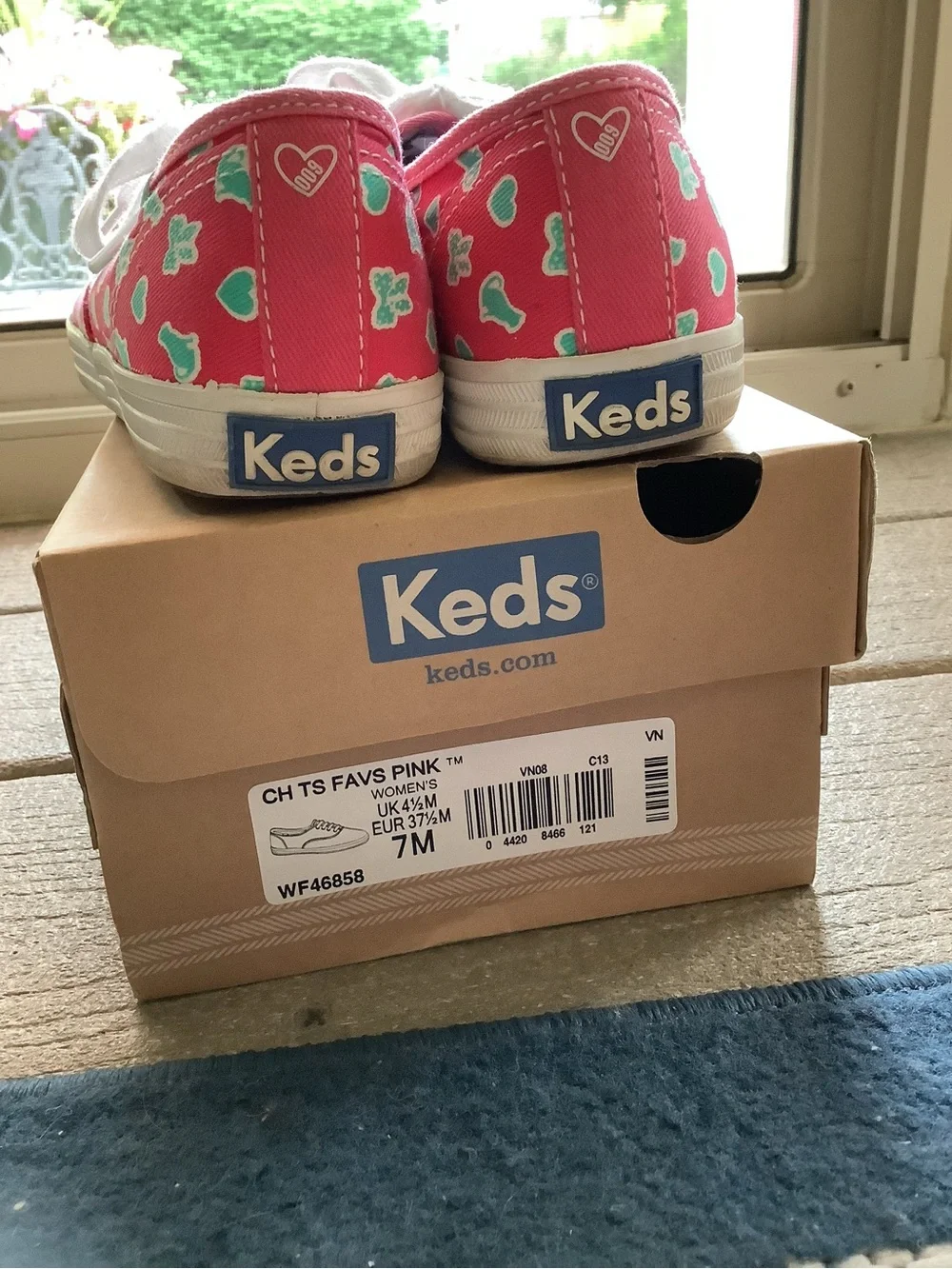 Keds Pink Canvas Sneakers with Mint Green Cat and Heart Print